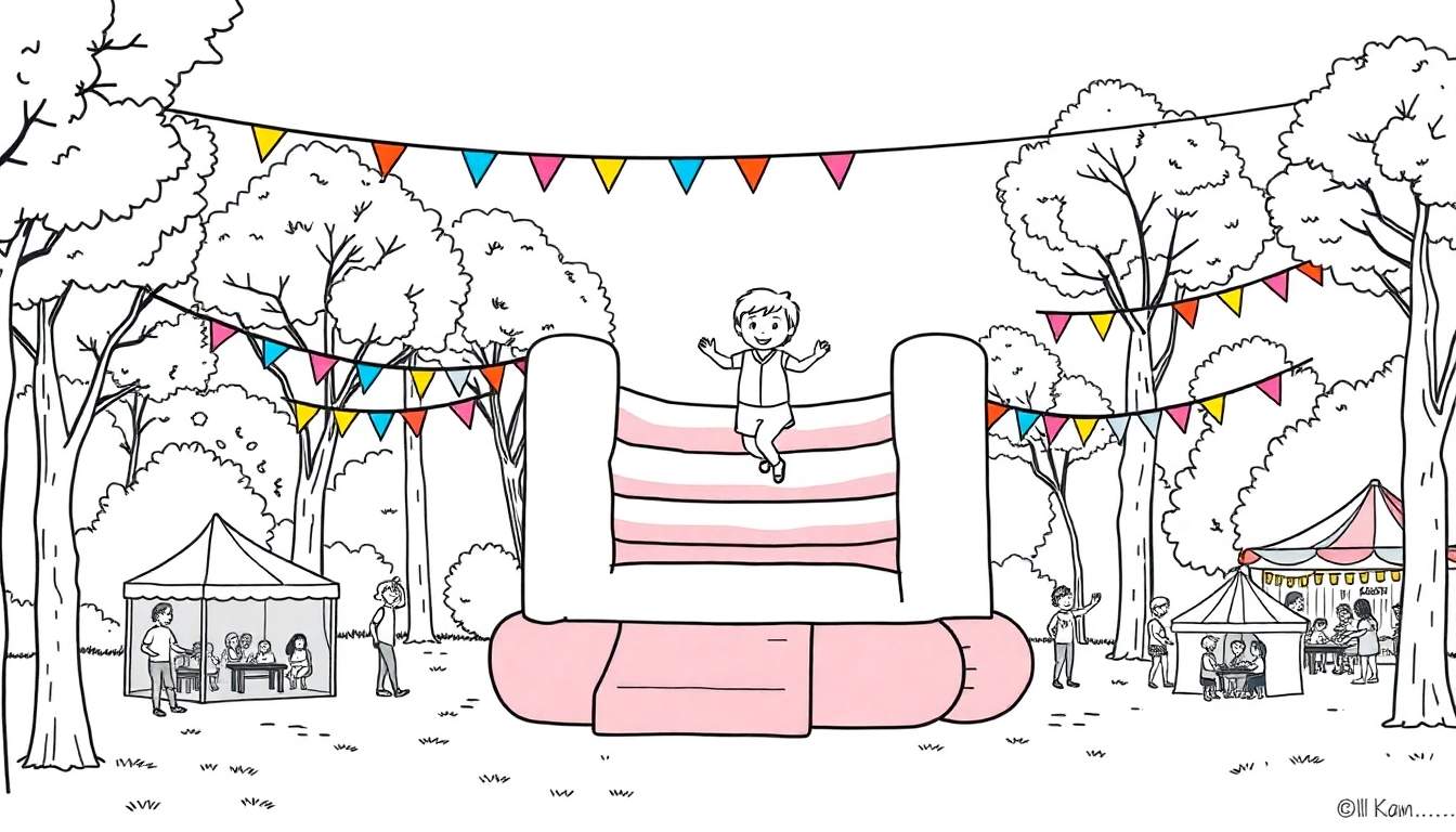 Kleurplaat: Een kleurrijke kinder kleurplaat van een wijkfeest met een springkussen en vlaggetjes.