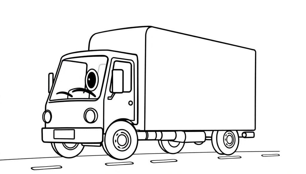 Zwart-wit kleurplaat van een Wolter Koops vrachtwagen met bestuurder.