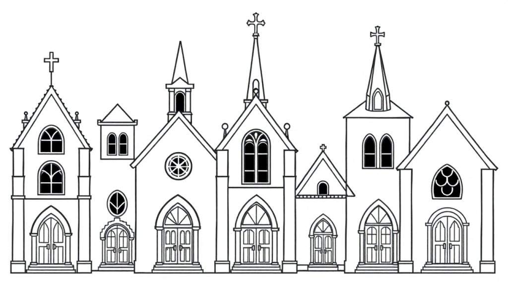 Kleurplaat van zeven oude kerken, elk met unieke torens en ramen.