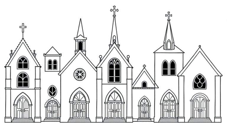 Kleurplaat van zeven oude kerken, elk met unieke torens en ramen.