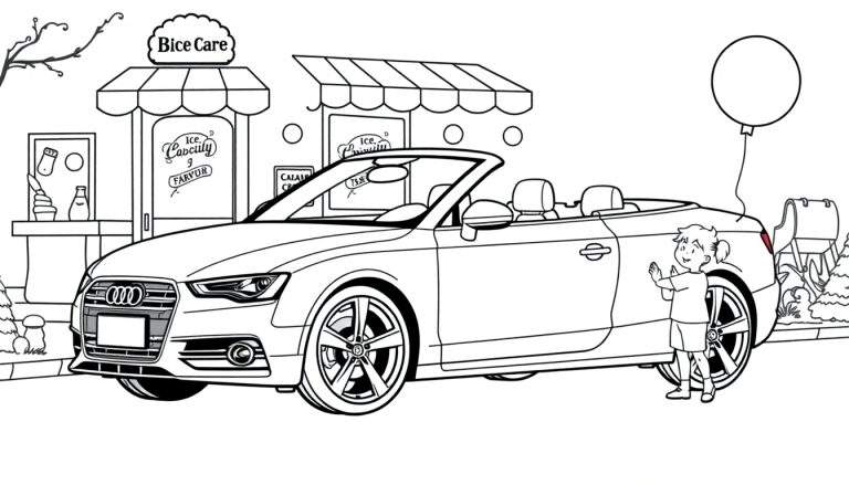 Kleurplaat van een kind dat naar een Audi Cabriolet kijkt bij een ijssalon.