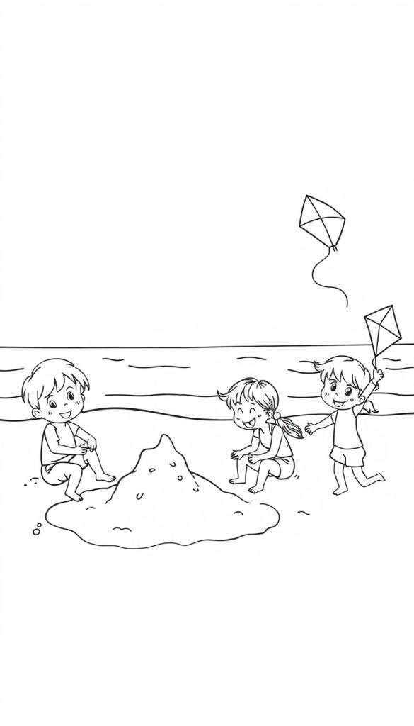 Kleurplaat: blije kinderen spelen op het strand met zand en vliegers.