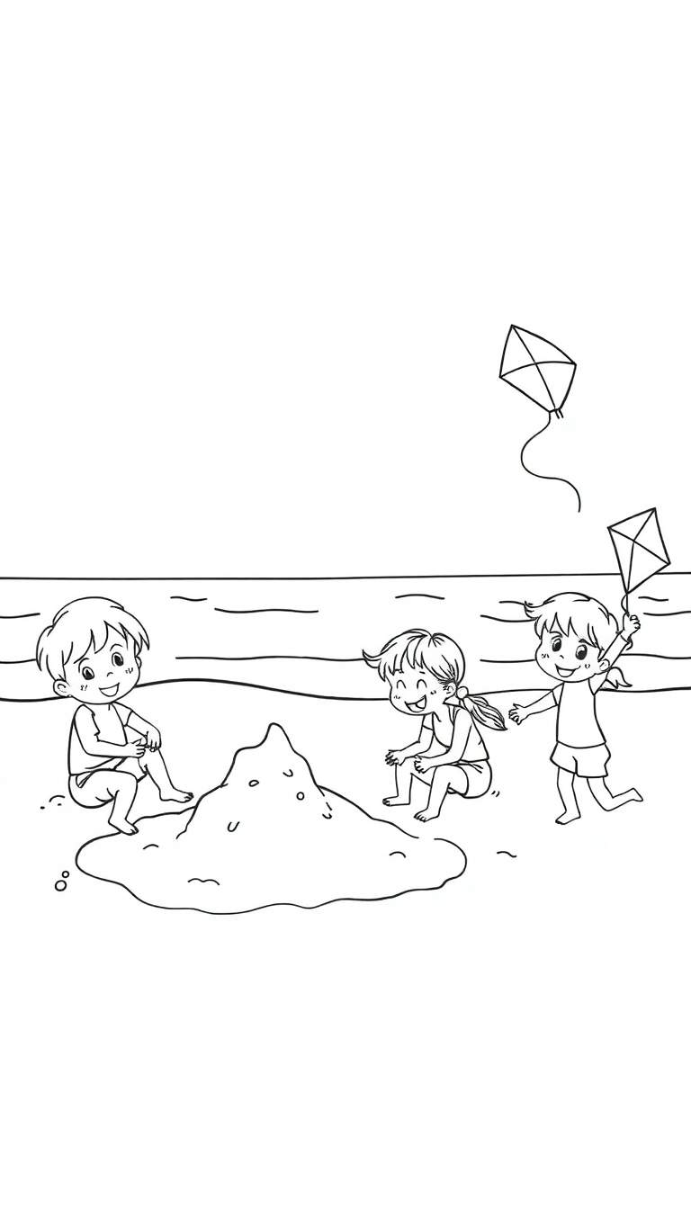 Kleurplaat: blije kinderen spelen op het strand met zand en vliegers.