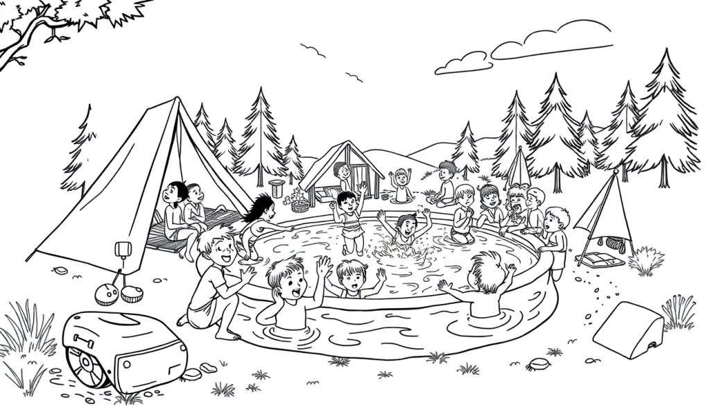 Kleurplaat van een zomerse camping met kinderen die spelen bij een zwembad.