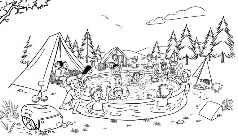 Kleurplaat van een zomerse camping met kinderen die spelen bij een zwembad.