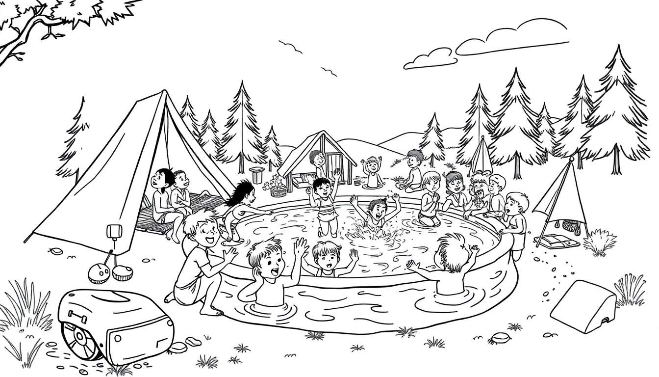 Kleurplaat van een zomerse camping met kinderen die spelen bij een zwembad.
