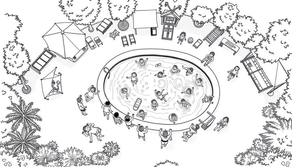 Kleurplaat van een familiecamping met een zwembad, kinderen, een parasol, een vlieger en speeltoestellen.