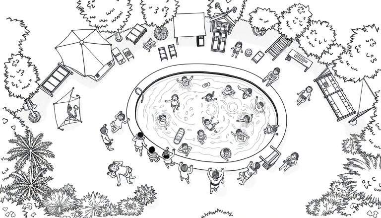 Kleurplaat van een familiecamping met een zwembad, kinderen, een parasol, een vlieger en speeltoestellen.