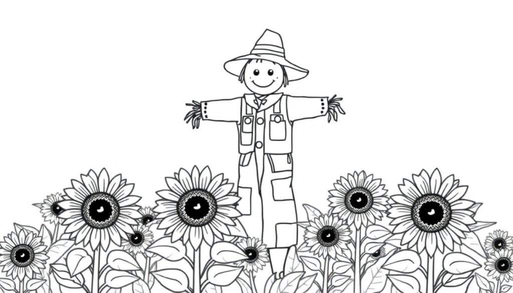 Lijntekening van een kindvriendelijke kleurplaat met zonnebloemen en een vrolijke vogelverschrikker in graanvelden.