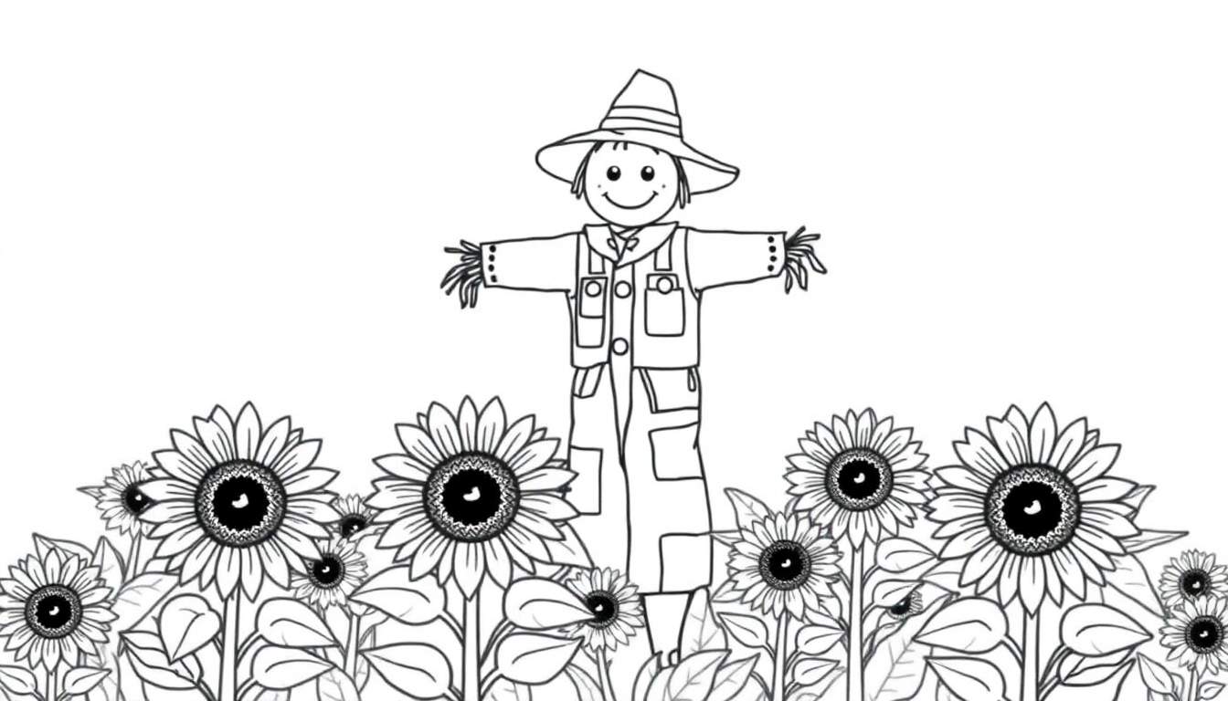 Lijntekening van een kindvriendelijke kleurplaat met zonnebloemen en een vrolijke vogelverschrikker in graanvelden.