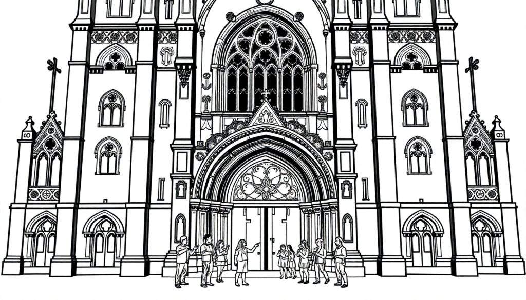 Een zwart-witte kleurplaat van een indrukwekkende, grote kerk met torens en een groep mensen die ernaar kijken.