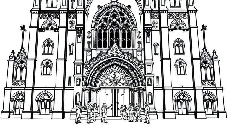 Een zwart-witte kleurplaat van een indrukwekkende, grote kerk met torens en een groep mensen die ernaar kijken.