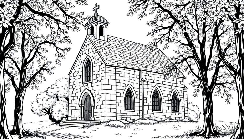 Een zwart-wit kleurplaat van een kerkje met een spits, omringd door bomen.