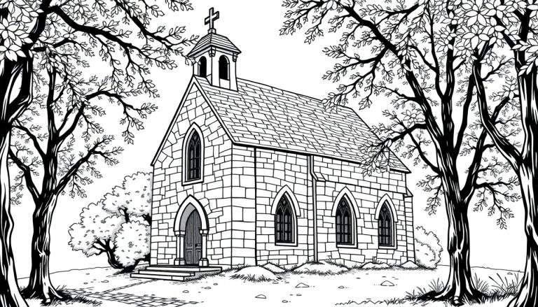 Een zwart-wit kleurplaat van een kerkje met een spits, omringd door bomen.