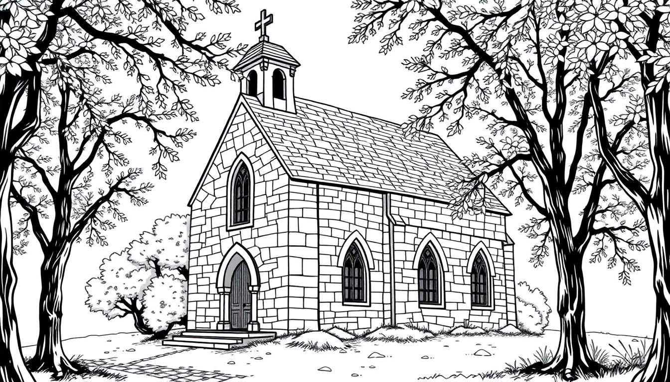 Een zwart-wit kleurplaat van een kerkje met een spits, omringd door bomen.