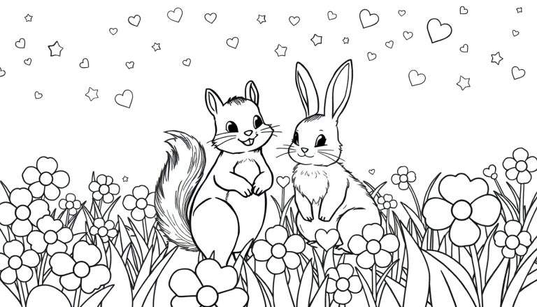 Zwart-wit kleurplaat van een eekhoorn en een konijn in een bloemenveld met hartjes en sterren in de lucht.