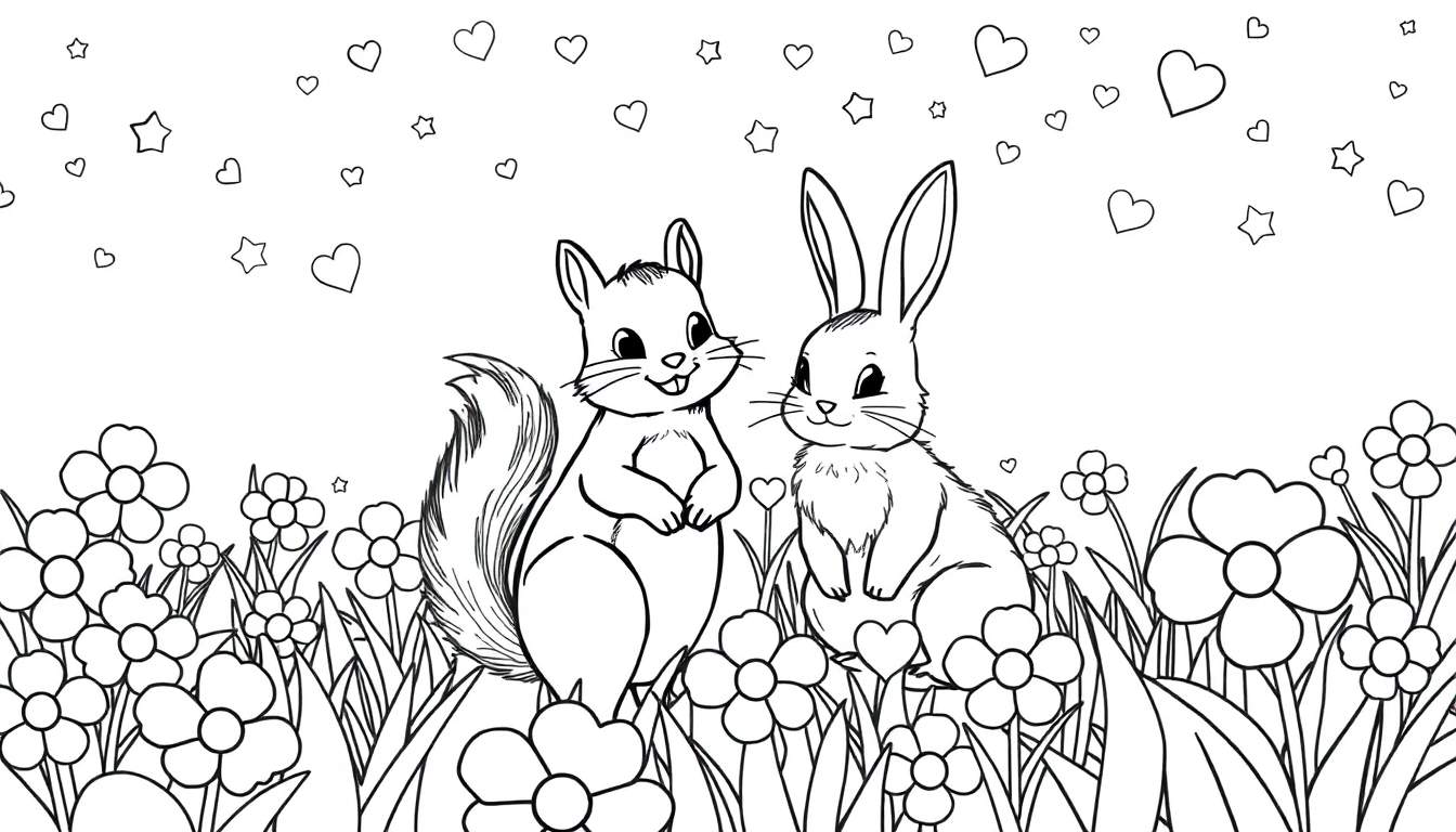 Zwart-wit kleurplaat van een eekhoorn en een konijn in een bloemenveld met hartjes en sterren in de lucht.