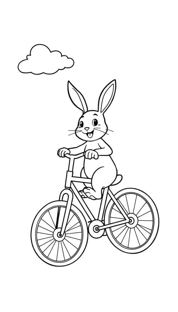 Een zwart-wit tekening van een konijn op een fiets, een kleurplaat.