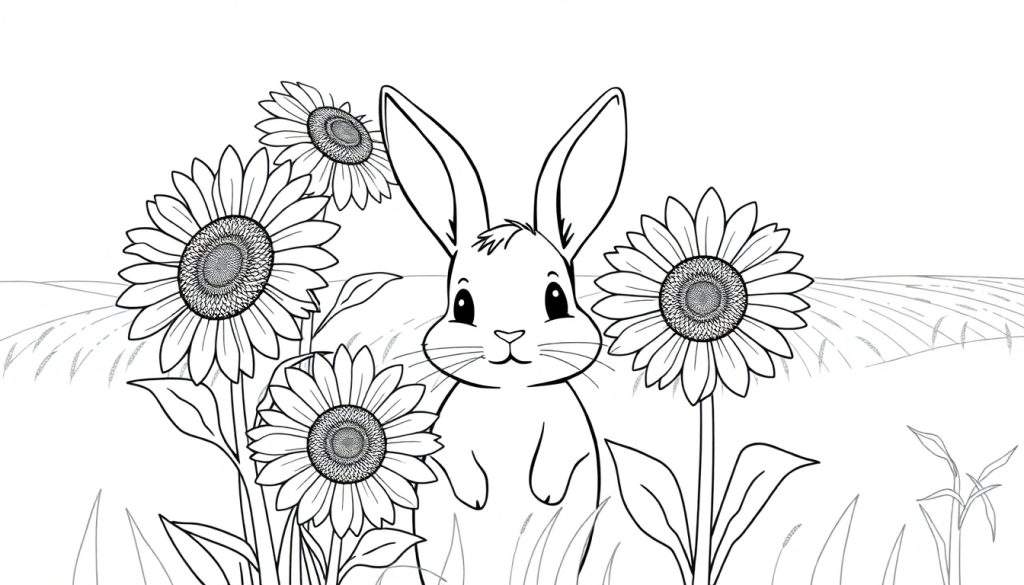 Zwart-witte kleurplaat van een schattig konijntje in een veld met zonnebloemen.