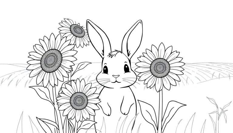 Zwart-witte kleurplaat van een schattig konijntje in een veld met zonnebloemen.