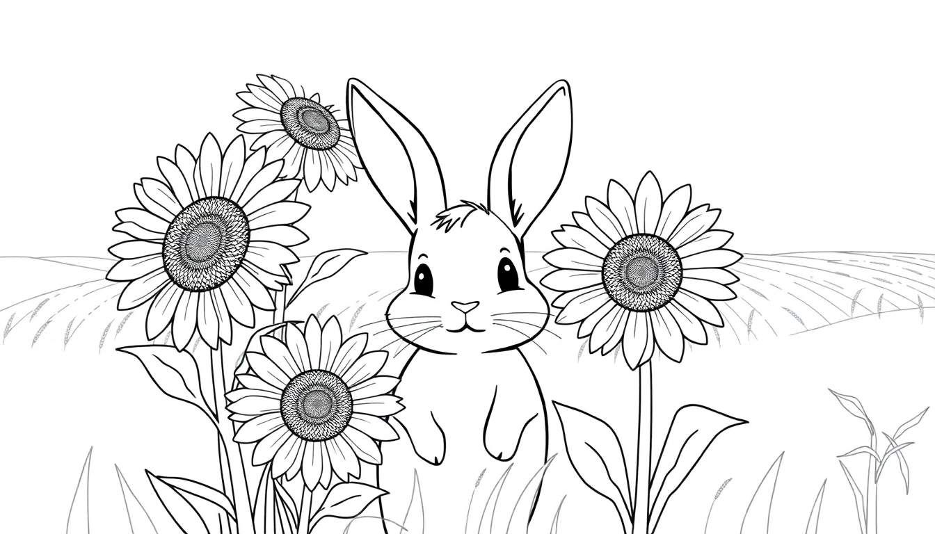 Zwart-witte kleurplaat van een schattig konijntje in een veld met zonnebloemen.