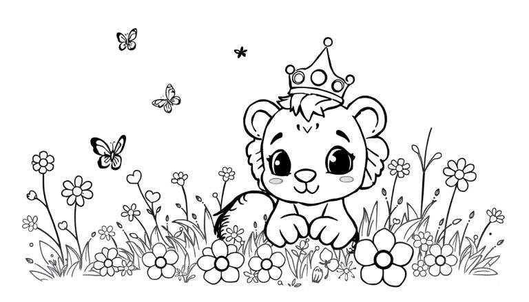 Zwart-wit lijntekening van een schattige cartoonleeuw met kroon, in een kleurplaat-stijl.