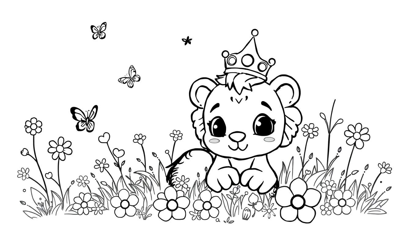 Zwart-wit lijntekening van een schattige cartoonleeuw met kroon, in een kleurplaat-stijl.