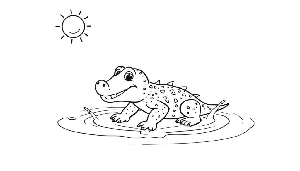 Zwart-wit kleurplaat van een blije krokodil in het water onder de zon.