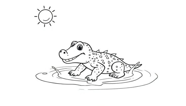 Zwart-wit kleurplaat van een blije krokodil in het water onder de zon.