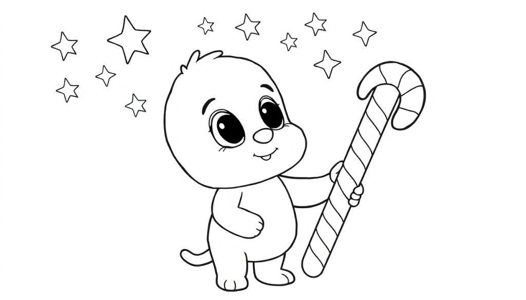 Een schattige zwart-wit kleurplaat van Labubu met een zuurstok en sterren.