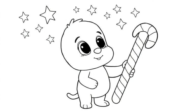 Een schattige zwart-wit kleurplaat van Labubu met een zuurstok en sterren.