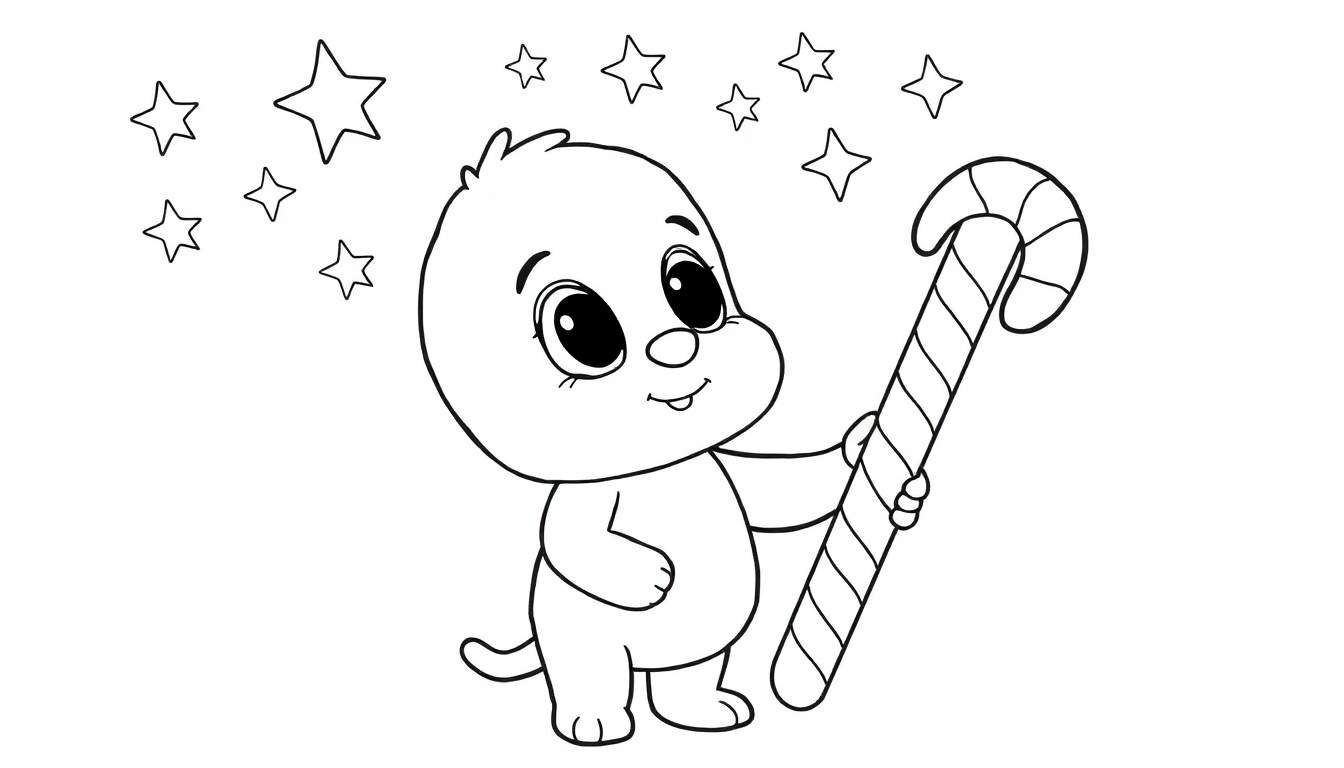 Een schattige zwart-wit kleurplaat van Labubu met een zuurstok en sterren.