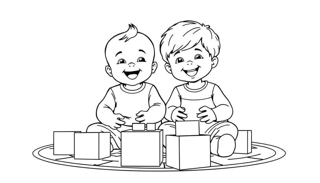 Kleurplaat van twee lachende baby's die samen op een speelkleed met blokken spelen.