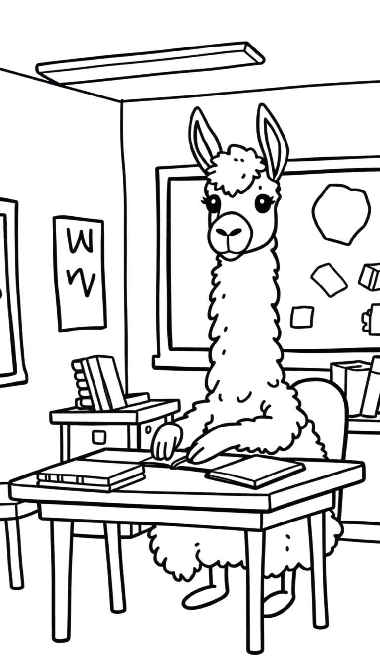 Een kleurplaat van een lama als leraar in een klaslokaal.