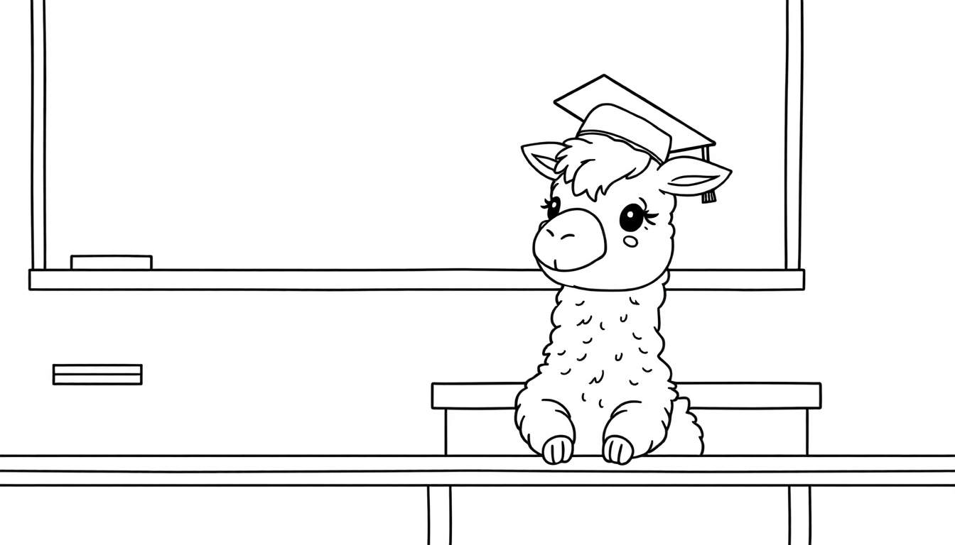 Kleurplaat van een lama met afstudeerhoed in een klaslokaal.