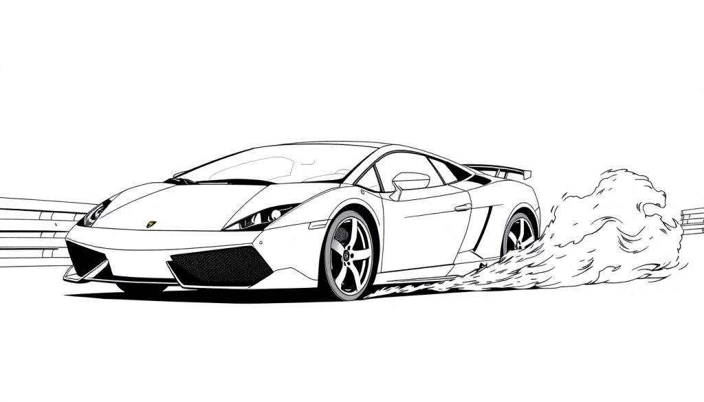 Kleurplaat van een Lamborghini Gallardo die een burn-out doet.