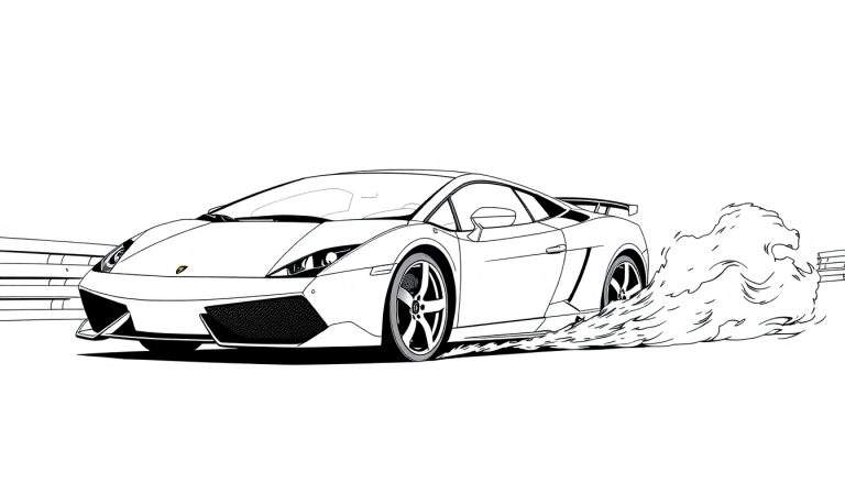 Kleurplaat van een Lamborghini Gallardo die een burn-out doet.