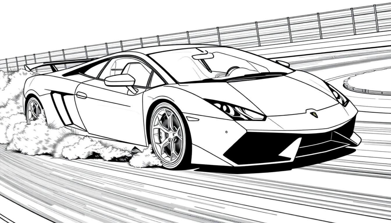 Kleurplaat van een drifitende Lamborghini Gallardo.