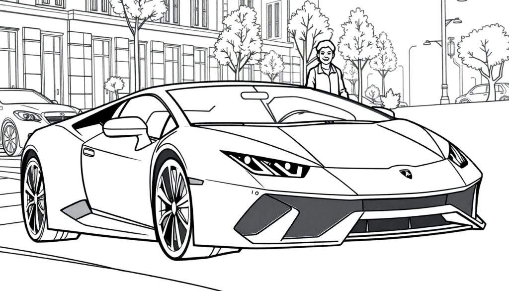 Kleurplaat van een witte Lamborghini Huracan met een jongen ernaast.