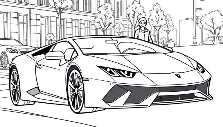 Kleurplaat van een witte Lamborghini Huracan met een jongen ernaast.