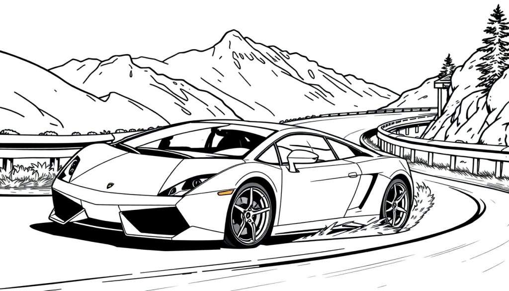 Kleurplaat van een witte Lamborghini sportwagen op een bergweg.