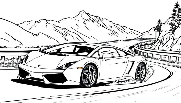 Kleurplaat van een witte Lamborghini sportwagen op een bergweg.