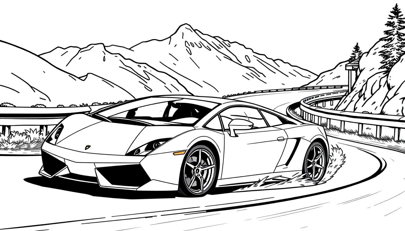 Kleurplaat van een witte Lamborghini sportwagen op een bergweg.