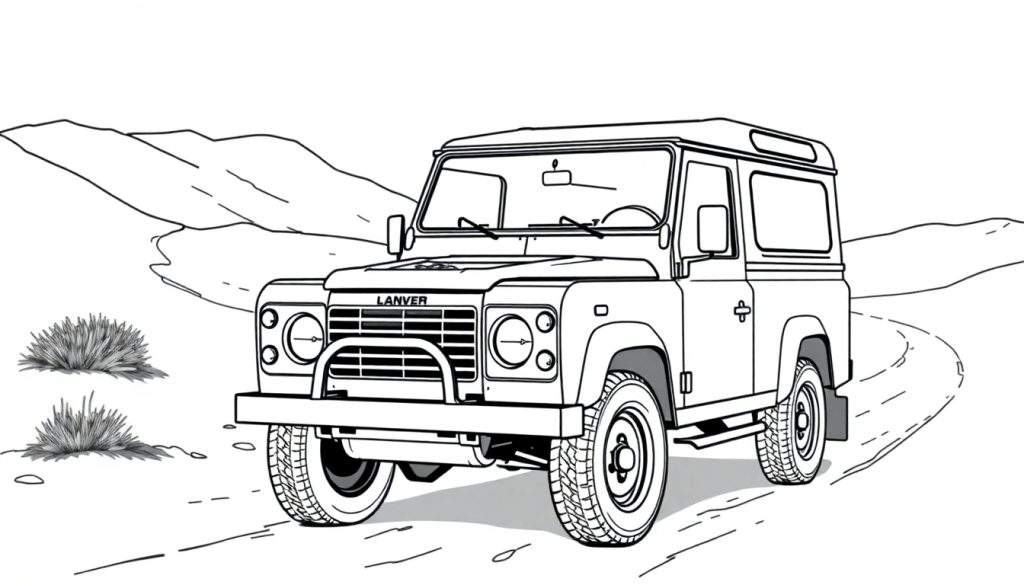 Kleurplaat van een Land Rover Defender in het ruige landschap.