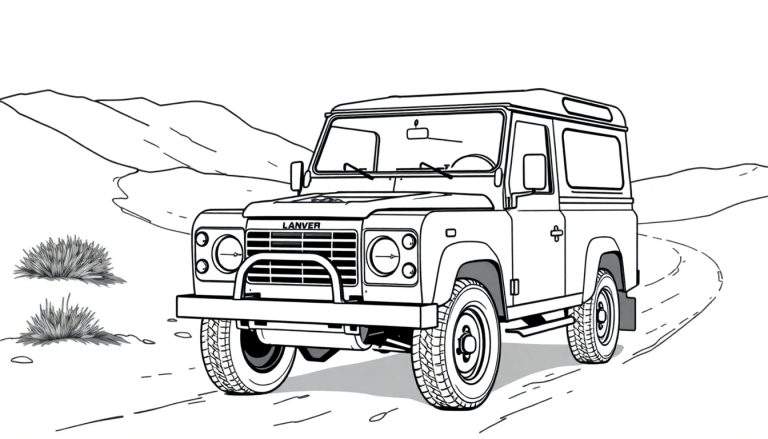 Kleurplaat van een Land Rover Defender in het ruige landschap.