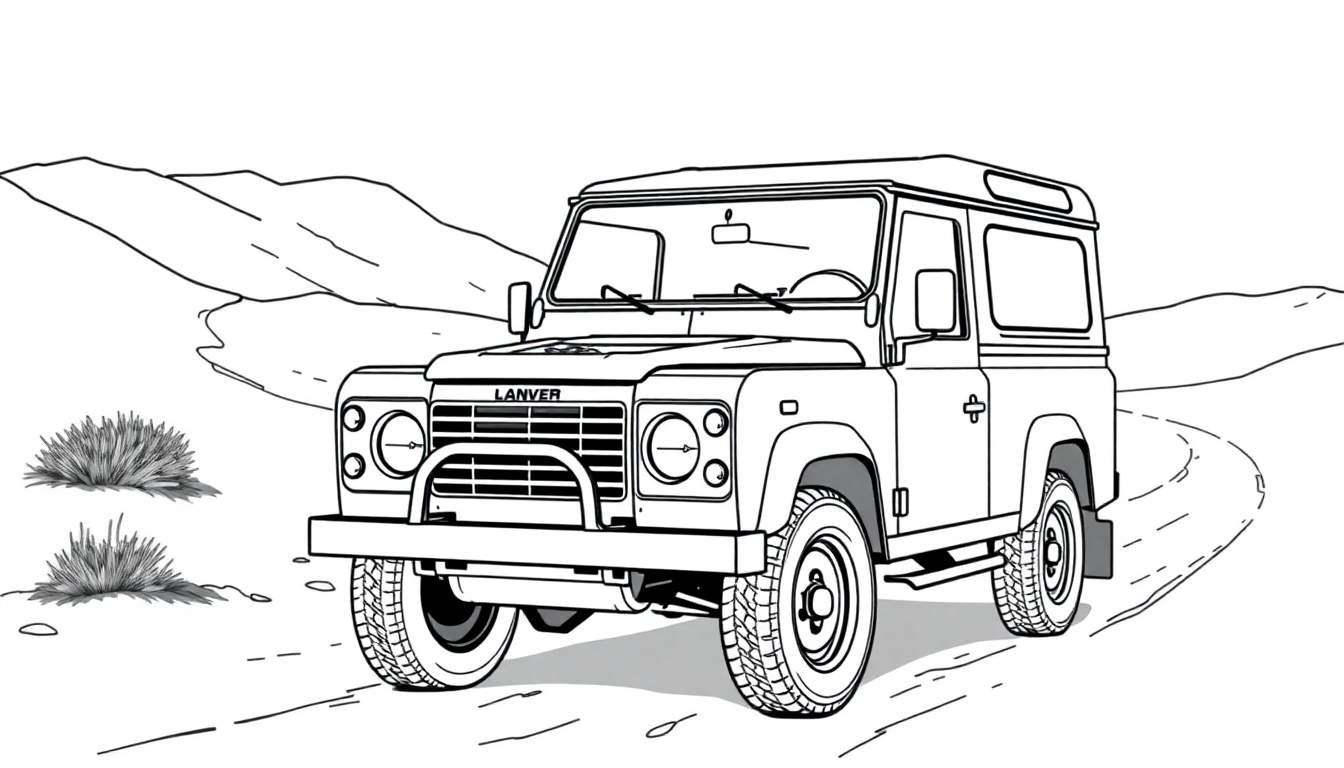 Kleurplaat van een Land Rover Defender in het ruige landschap.