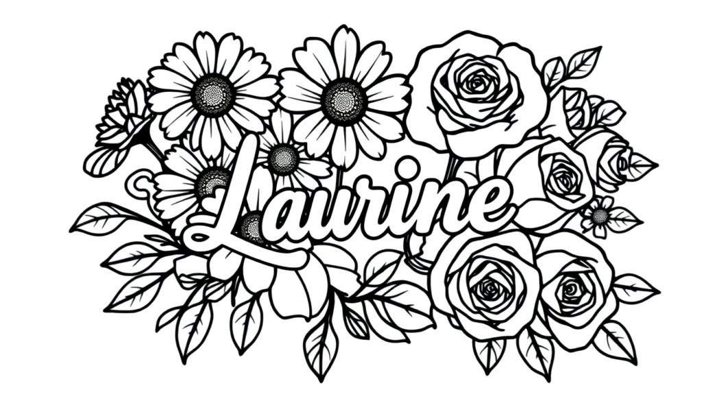 Kleurplaat met de naam Laurine in een bloemenkrans.