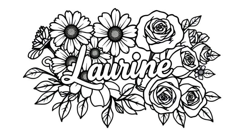 Kleurplaat met de naam Laurine in een bloemenkrans.