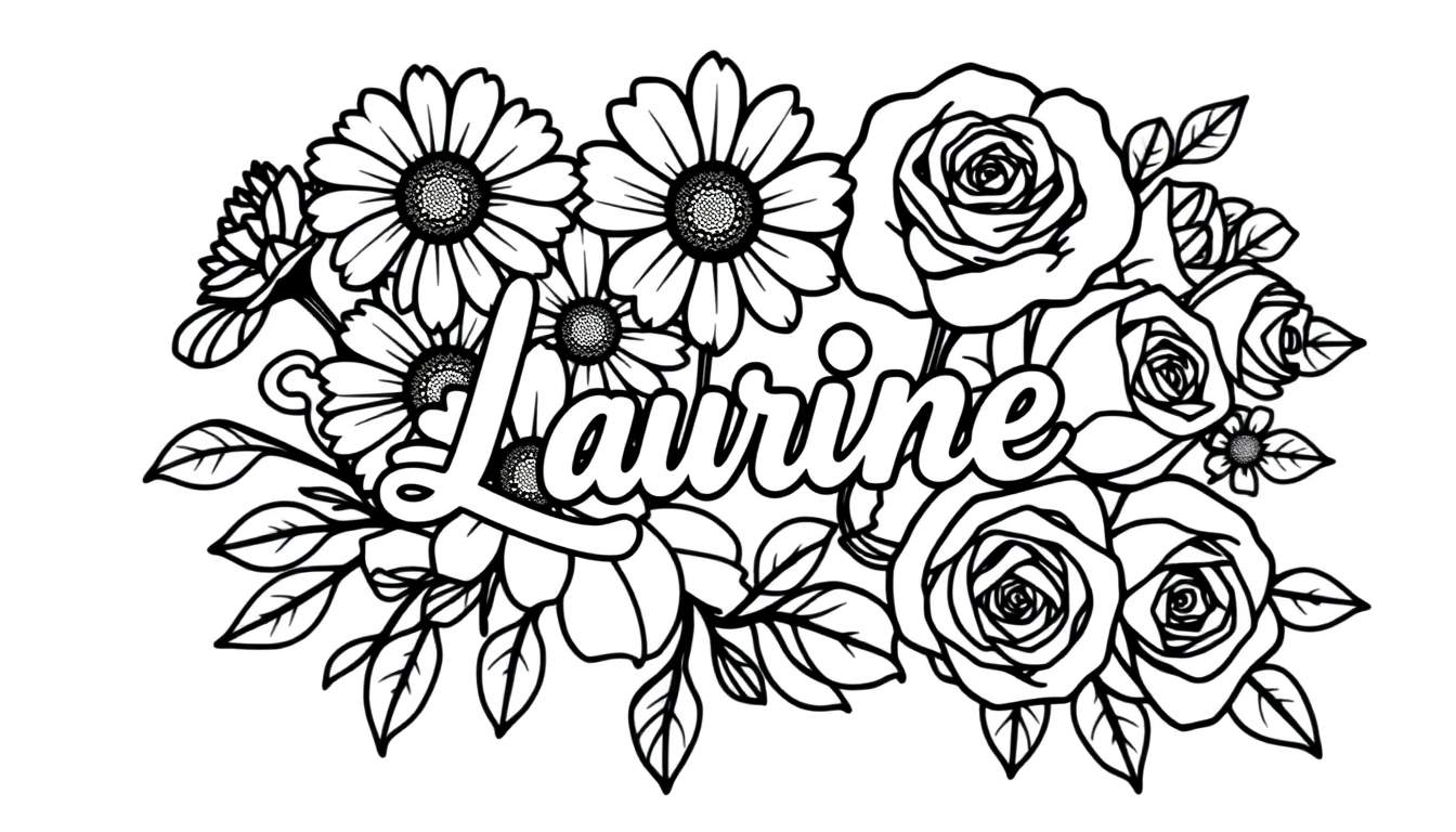 Kleurplaat met de naam Laurine in een bloemenkrans.