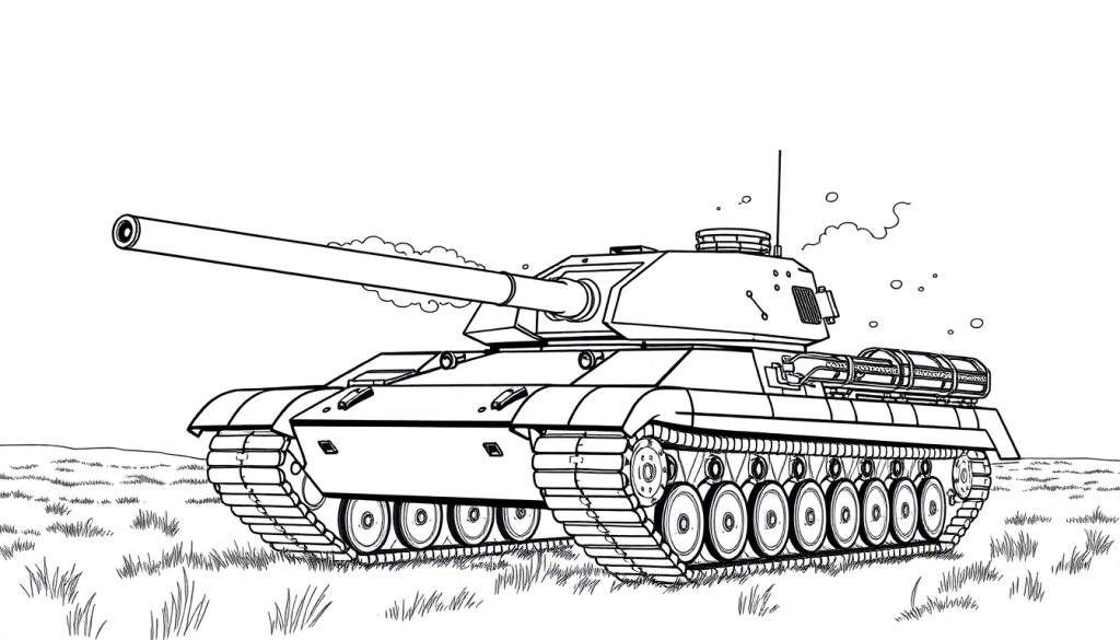 Kleurplaat van een Leopard 1 tank die vuurt, met rook uit de loop en op een grasveld.